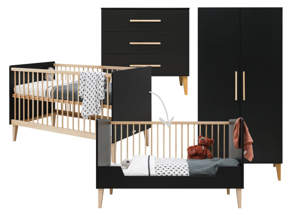 Lena 3 piece nursery furniture set with bench bed Matt Black/Natural