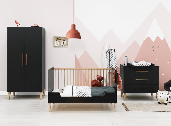 Lena 3 piece nursery furniture set with bench bed Matt Black/Natural