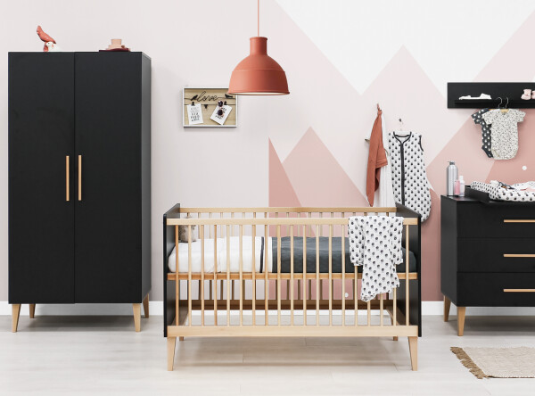 Lena 3 piece nursery furniture set with bench bed Matt Black/Natural