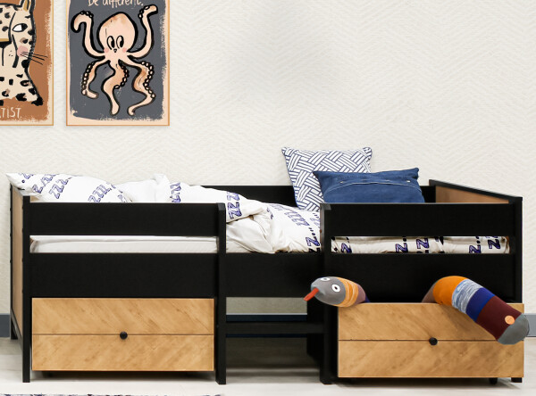 Compact bed 90x200 incl. 2 drawers on wheels and 1 stair Job Vintage Honey