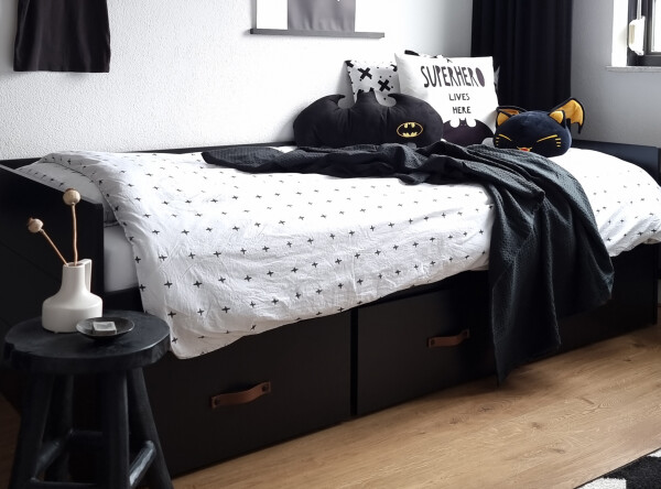 Bench bed 90x200 with 3 drawers Floris Matt Black/Natural (excl. bottom)