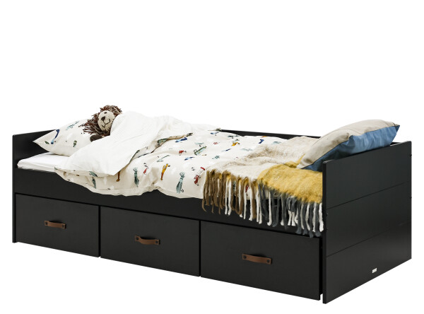 Bench bed 90x200 with 3 drawers Floris Matt Black/Natural (excl. bottom)
