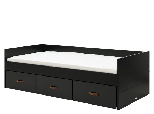 Bench bed 90x200 with 3 drawers Floris Matt Black/Natural (excl. bottom)