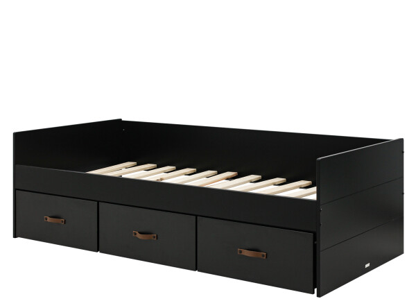 Bench bed 90x200 with 3 drawers Floris Matt Black/Natural (excl. bottom)