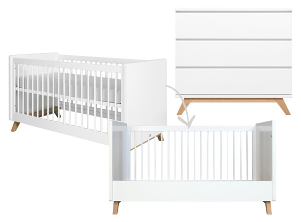 Lynn 2 piece nursery furniture set gripless with bench bed White/Naturel