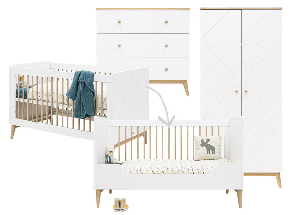 Paris 3 piece nursery furniture set with bench bed White/Oak
