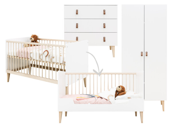 Indy 3 piece nursery furniture set with cot bed White/Natural