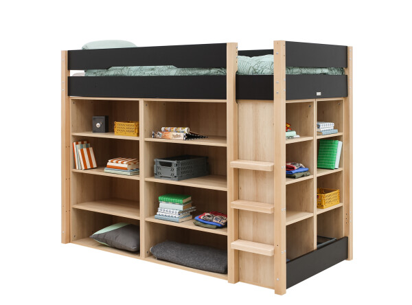 Lit mezzanine 90x200 Lucas Noir Mat/Naturel