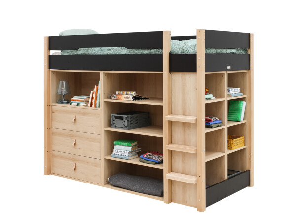 Lit mezzanine 90x200 Lucas Noir Mat/Naturel