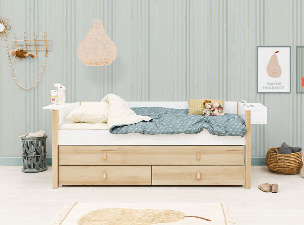 Compact bed 90x200 with sleep and storage unit Lucas White/Natural