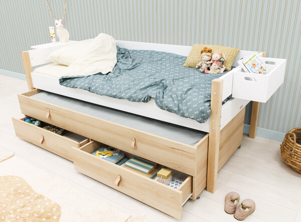 Compact bed 90x200 with sleep and storage unit Lucas White/Natural