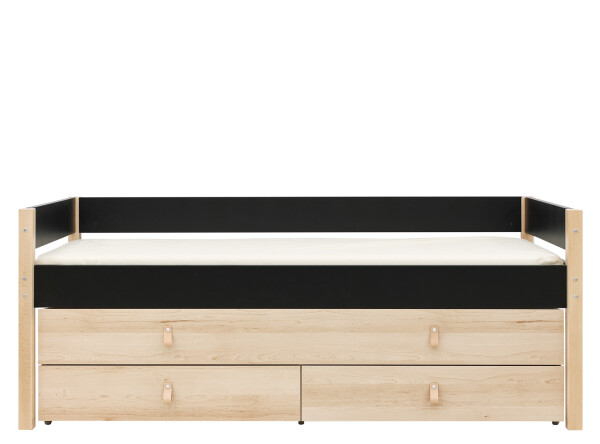 Lit compact 90x200 avec unité de couchage et de rangement Lucas Noir Mat/Naturel