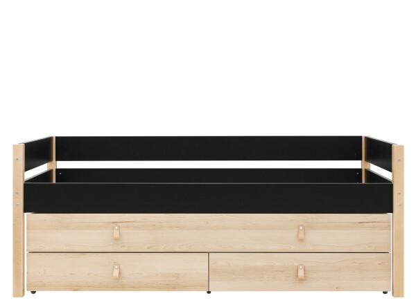 Lit compact 90x200 avec unité de couchage et de rangement Lucas Noir Mat/Naturel