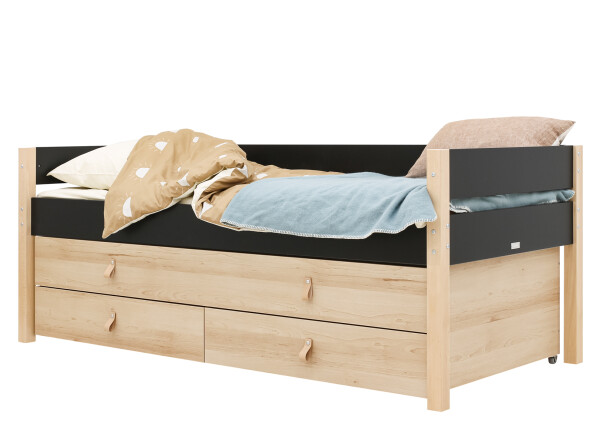 Lit compact 90x200 avec unité de couchage et de rangement Lucas Noir Mat/Naturel
