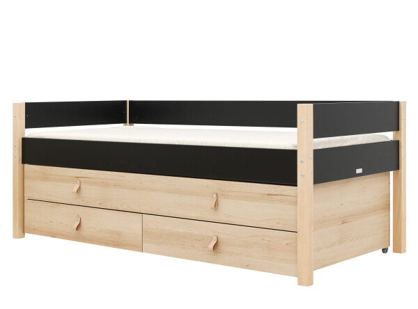 Lit compact 90x200 avec unité de couchage et de rangement Lucas Noir Mat/Naturel