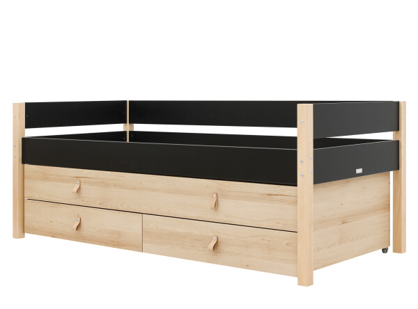 Lit compact 90x200 avec unité de couchage et de rangement Lucas Noir Mat/Naturel