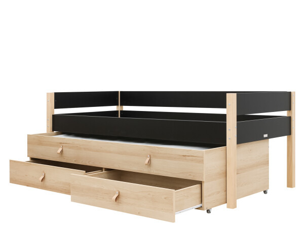 Lit compact 90x200 avec unité de couchage et de rangement Lucas Noir Mat/Naturel