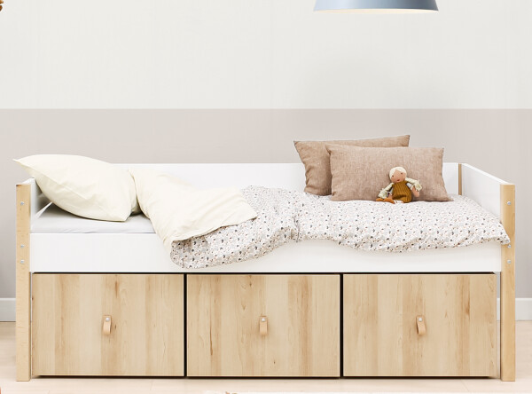 Compact bed 90x200 with 3 storage boxes Lucas White/Natural