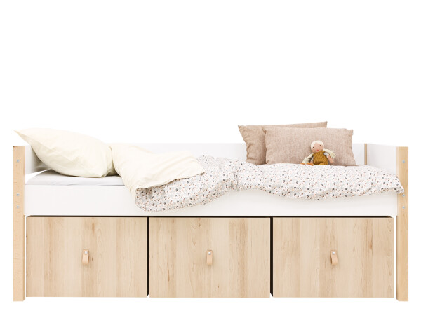 Compact bed 90x200 with 3 storage boxes Lucas White/Natural