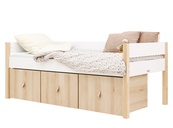 Compact bed 90x200 with 3 storage boxes Lucas White/Natural