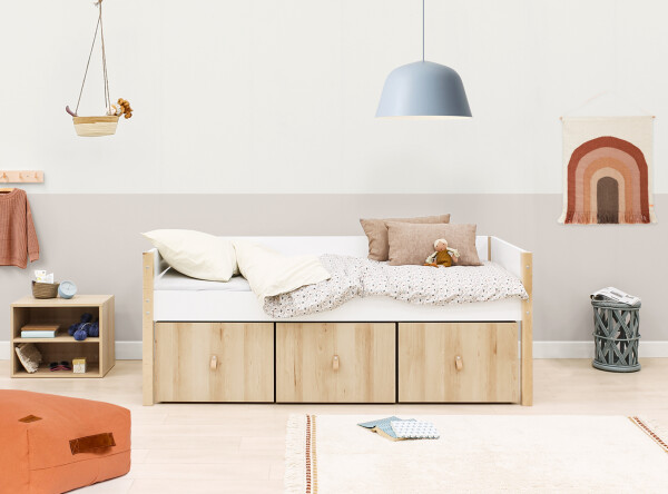 Compact bed 90x200 with 3 storage boxes Lucas White/Natural