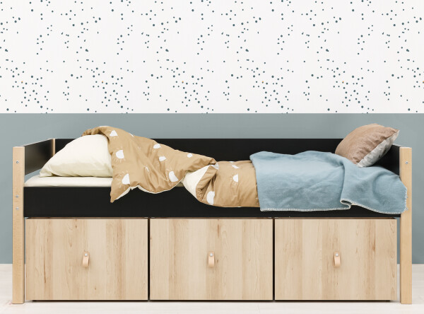 Funktionsbett 90x200 mit 3 Aufbewahrungsboxen Lucas Mattschwarz/Natur