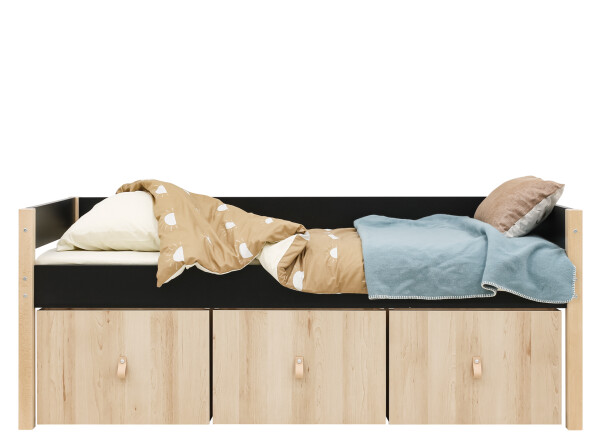 Compact bed 90x200 with 3 storage boxes Lucas Mat Black/Natural