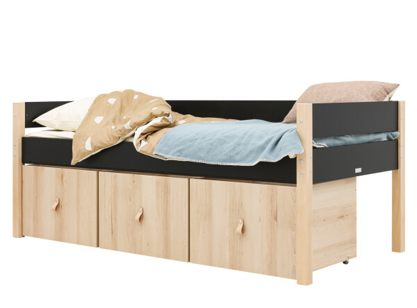 Compact bed 90x200 with 3 storage boxes Lucas Mat Black/Natural