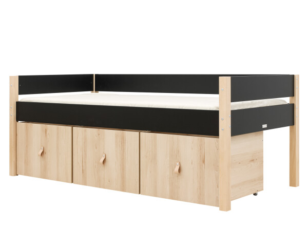 Compact bed 90x200 with 3 storage boxes Lucas Mat Black/Natural