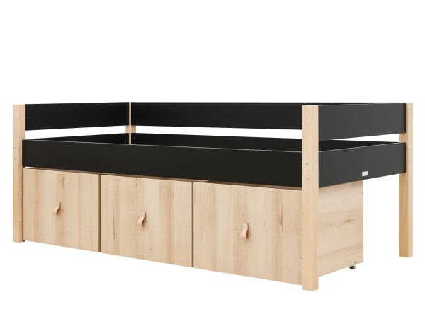 Compact bed 90x200 with 3 storage boxes Lucas Mat Black/Natural