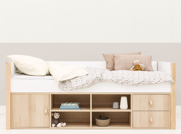 Compact bed 90x200 with storage unit Lucas White/Natural