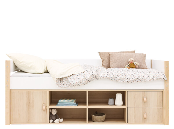 Compact bed 90x200 with storage unit Lucas White/Natural