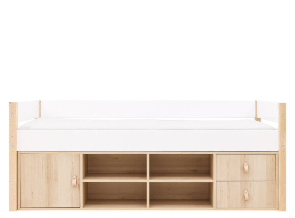 Compact bed 90x200 with storage unit Lucas White/Natural