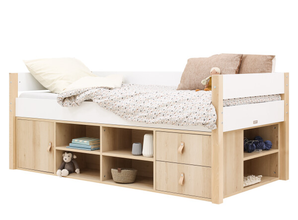 Compact bed 90x200 with storage unit Lucas White/Natural