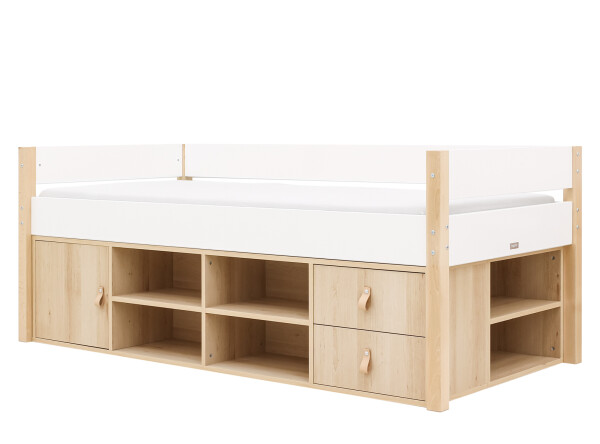Compact bed 90x200 with storage unit Lucas White/Natural