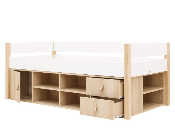 Compact bed 90x200 with storage unit Lucas White/Natural