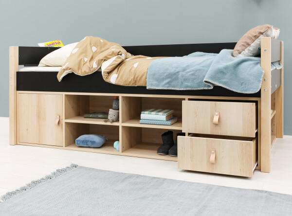 Compact bed 90x200 with storage unit Lucas Mat Black/Natural