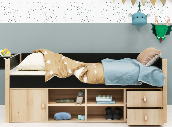 Compact bed 90x200 with storage unit Lucas Mat Black/Natural