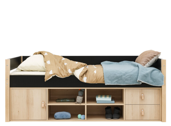 Compact bed 90x200 with storage unit Lucas Mat Black/Natural