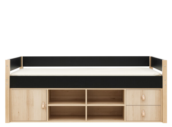 Compact bed 90x200 with storage unit Lucas Mat Black/Natural