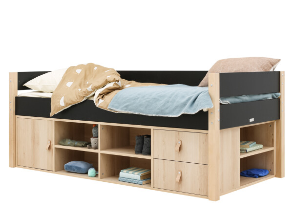 Compact bed 90x200 with storage unit Lucas Mat Black/Natural