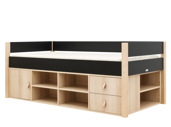 Compact bed 90x200 with storage unit Lucas Mat Black/Natural