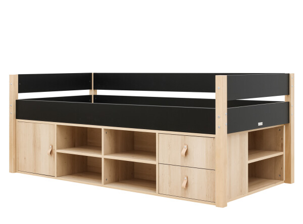 Compact bed 90x200 with storage unit Lucas Mat Black/Natural