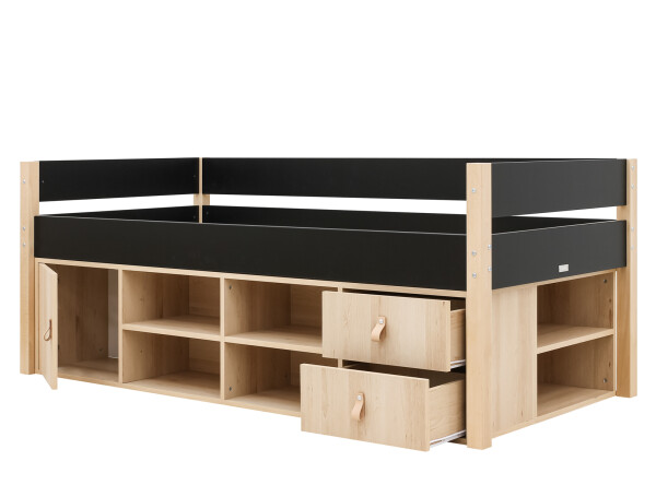Compact bed 90x200 with storage unit Lucas Mat Black/Natural