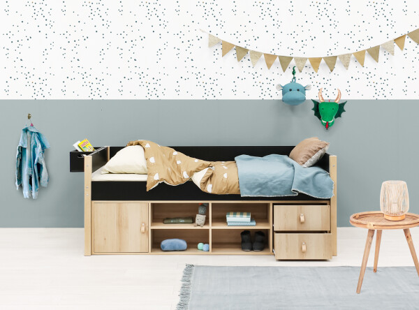 Compact bed 90x200 with storage unit Lucas Mat Black/Natural