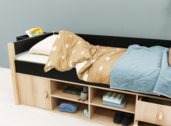 Compact bed 90x200 with storage unit Lucas Mat Black/Natural