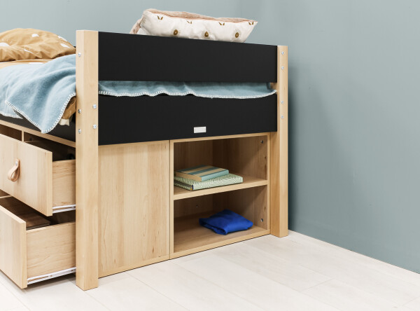 Compact bed 90x200 with storage unit Lucas Mat Black/Natural