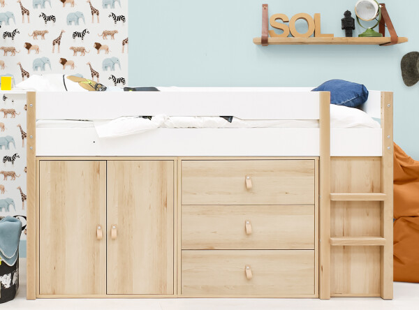 Half high sleeper 90x200 with storage cabinets Lucas White/Natural