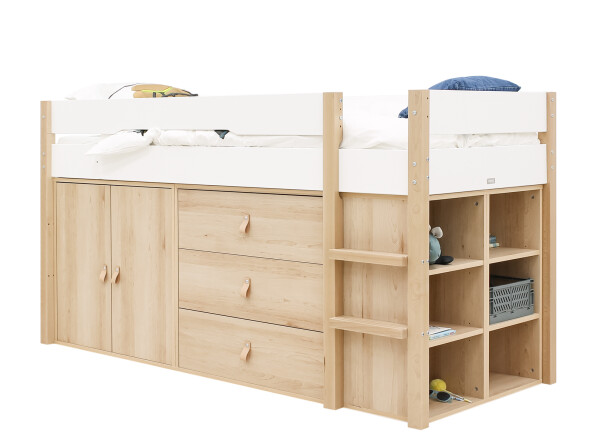 Half high sleeper 90x200 with storage cabinets Lucas White/Natural