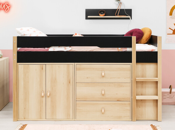 Half high sleeper 90x200 with storage cabinets Lucas Matt Black/Natural